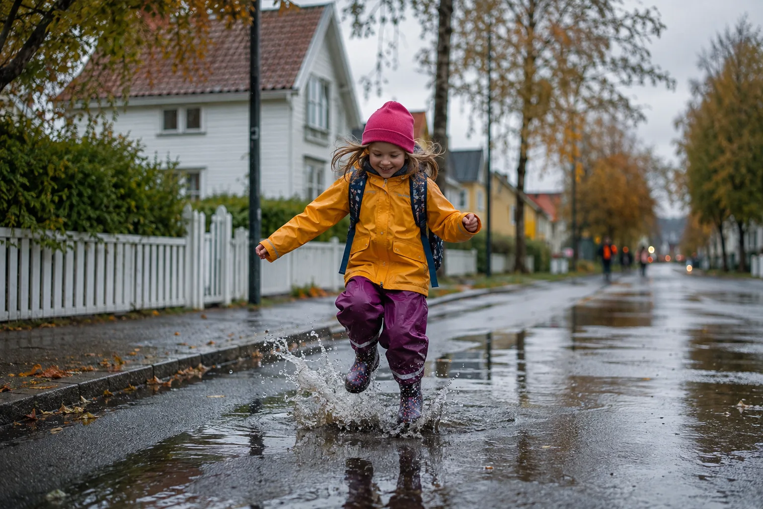 barn i regntøy som hopper i en vanndam på vei til skolen