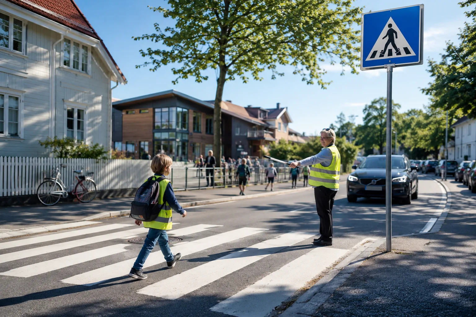 barn med gul refleksvest som går trygt over et fotgjengerfelt