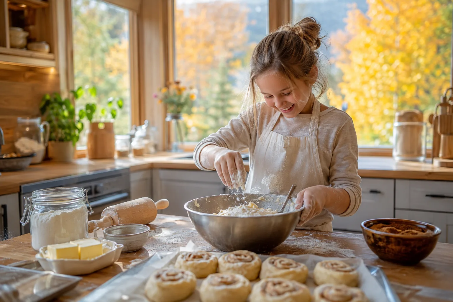 barn som baker boller på kjøkkenet i høstferien med oppskrift