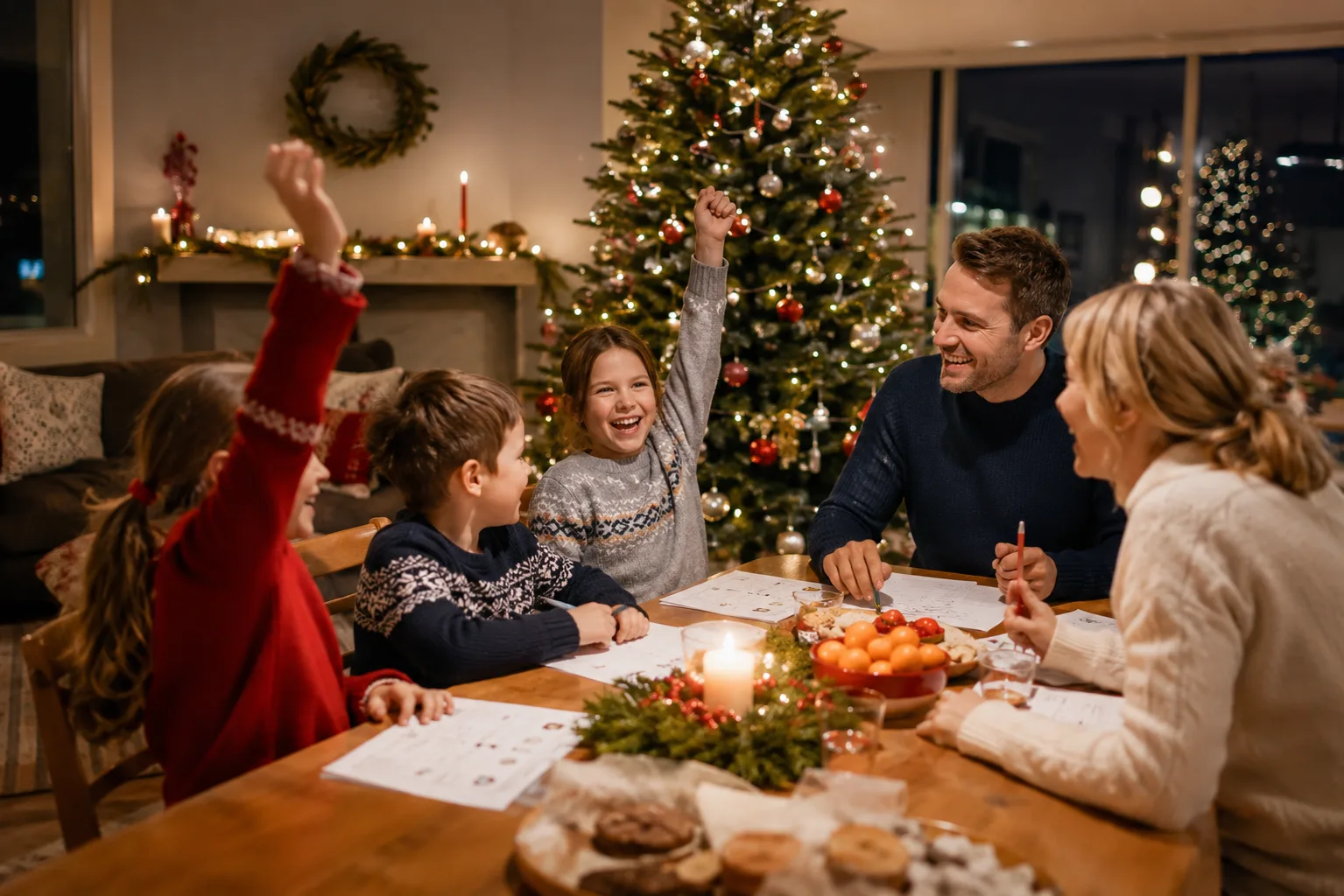 Barn som deltar i morsom julequiz med familien
