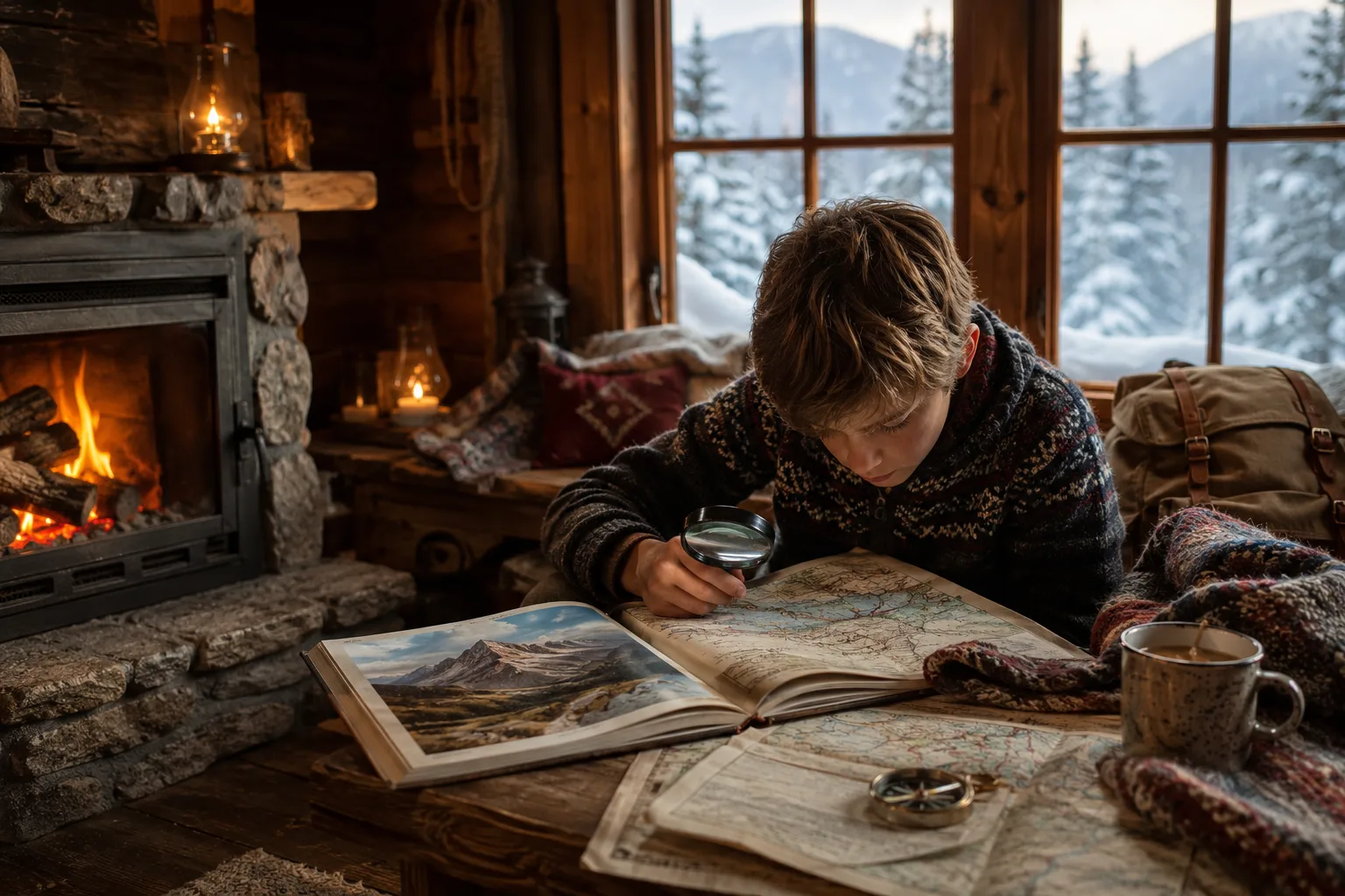 barn som leser bok med lupe og kart i koselig hyttevegg