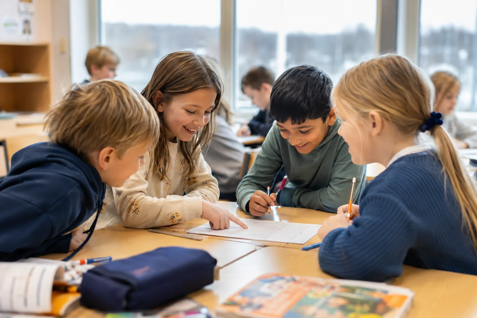 Barn som samarbeider om svar under en morsom skolequiz