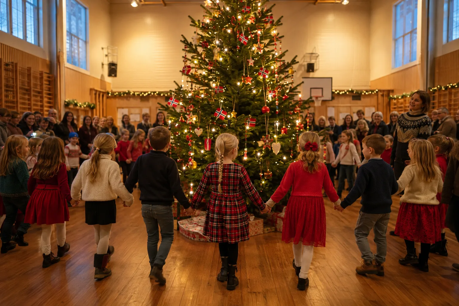 barn som synger og går rundt juletreet på skolen i desember
