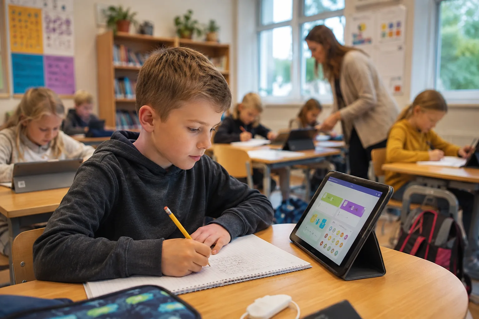 elev som arbeider med digital læring og matematikk på nettbrett