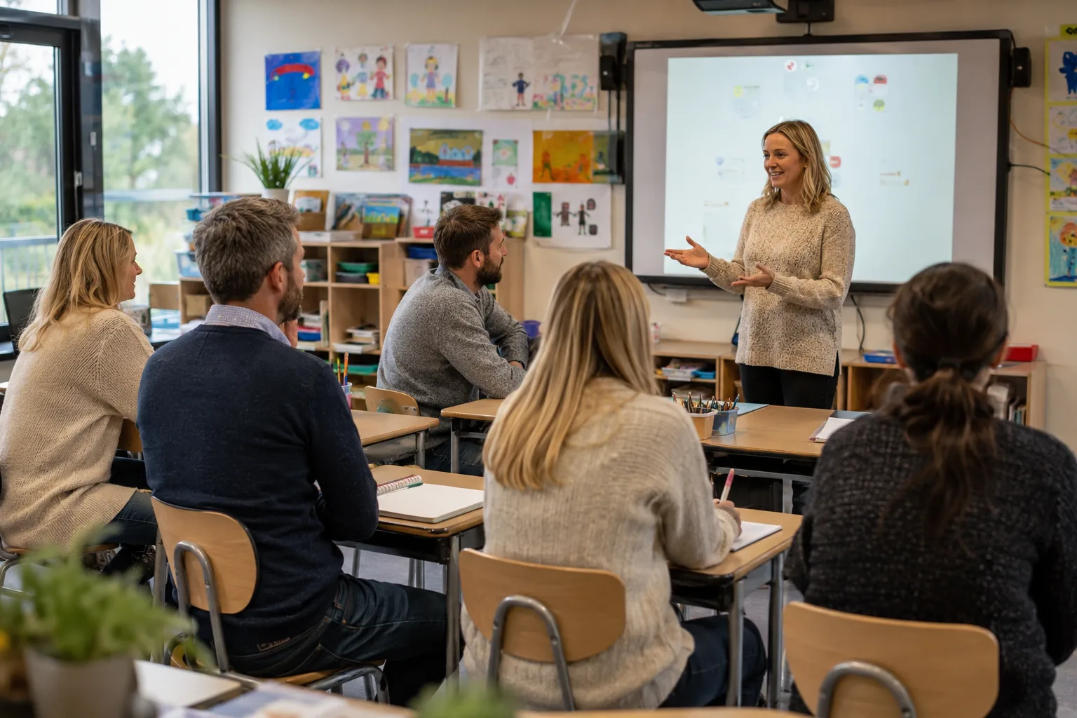 engasjerte foreldre på foreldremøte i et klasserom i norge