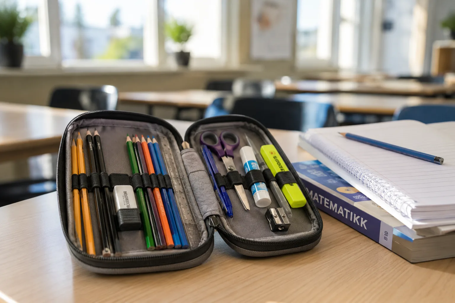 Enkelt penalhus med skrivesaker og utstyr til skolen