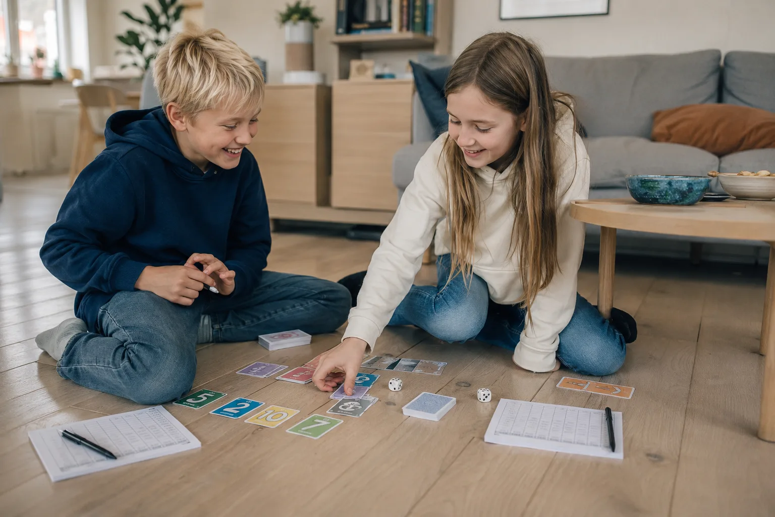 Enkle spill for to med kort og terninger i stua