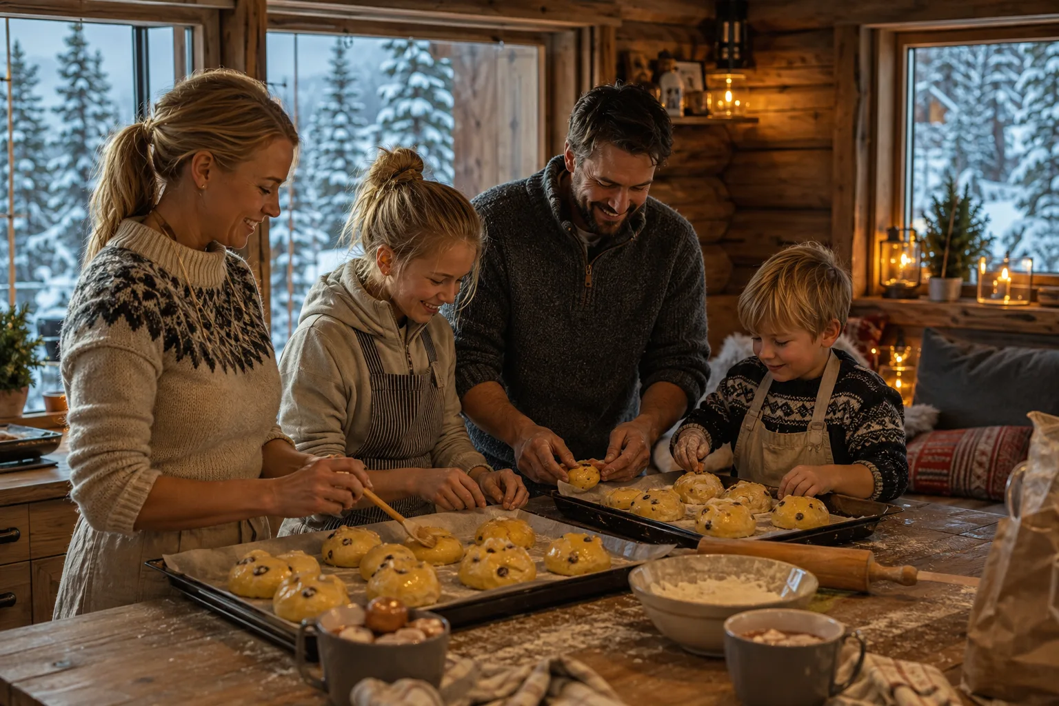 familie som baker boller sammen på hytta i vinterferien