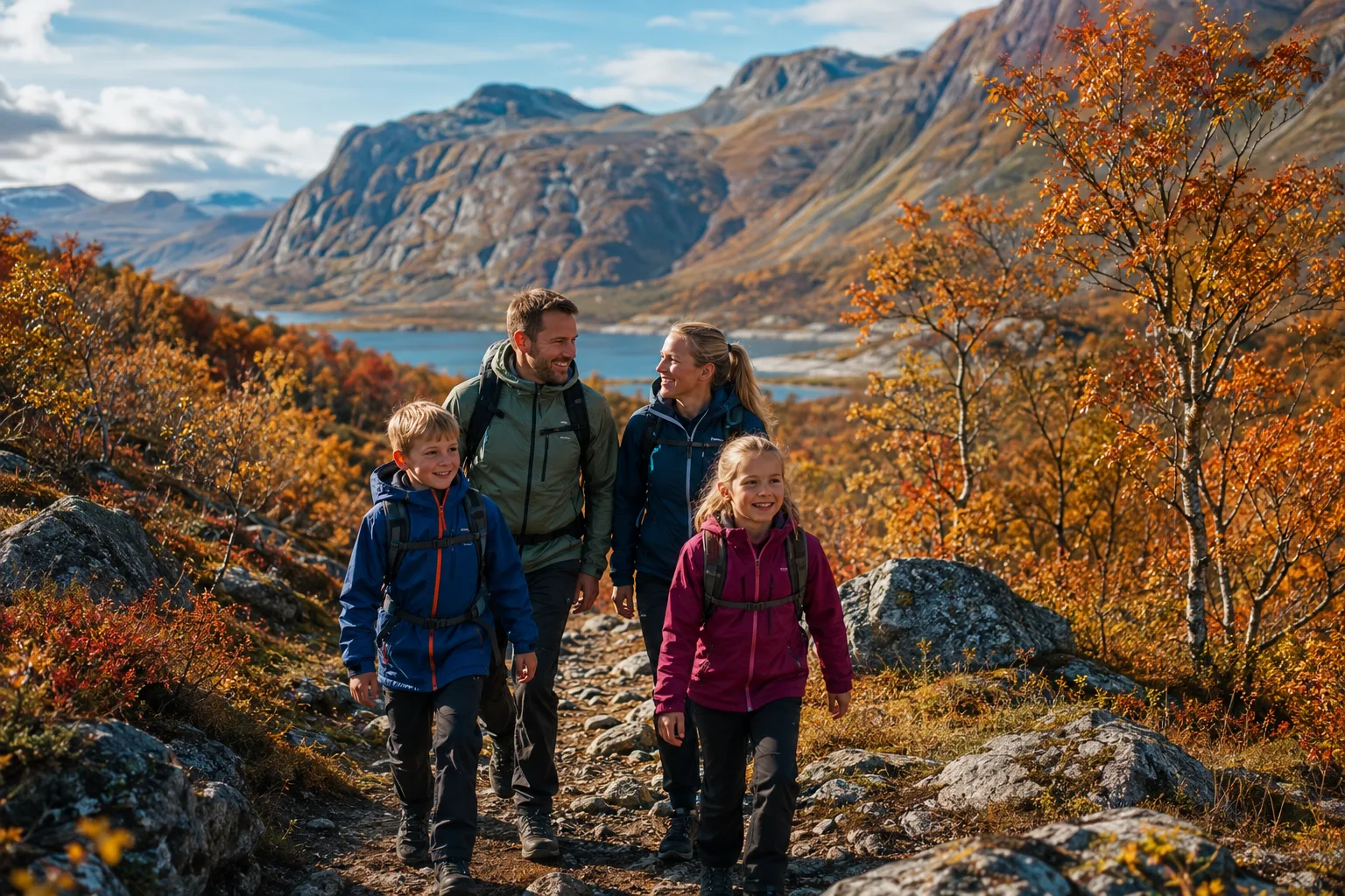 familie som går tur i fjellet i nydelig høstvær med fargerike trær