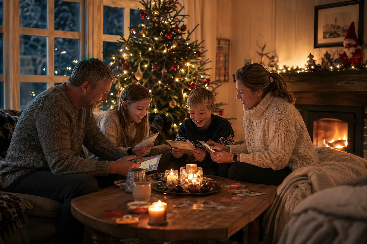 Familie som koser seg med julespørsmål og quiz i stua