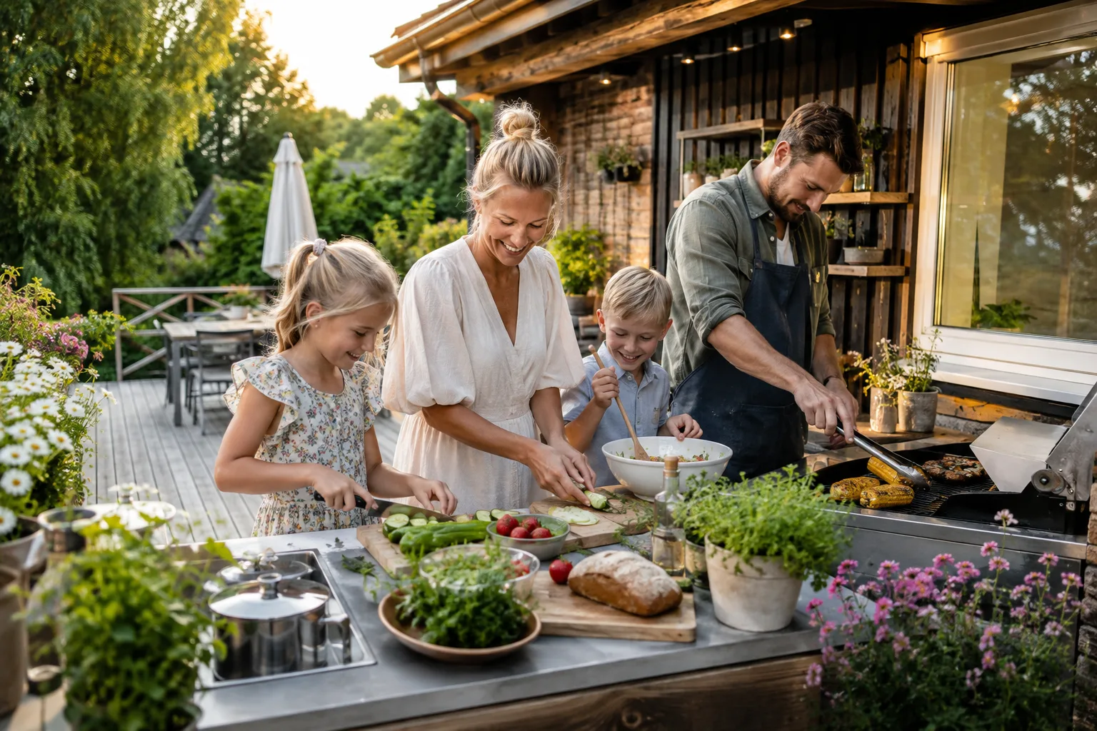 familie som lager mat sammen på utekjøkken i sommerferien