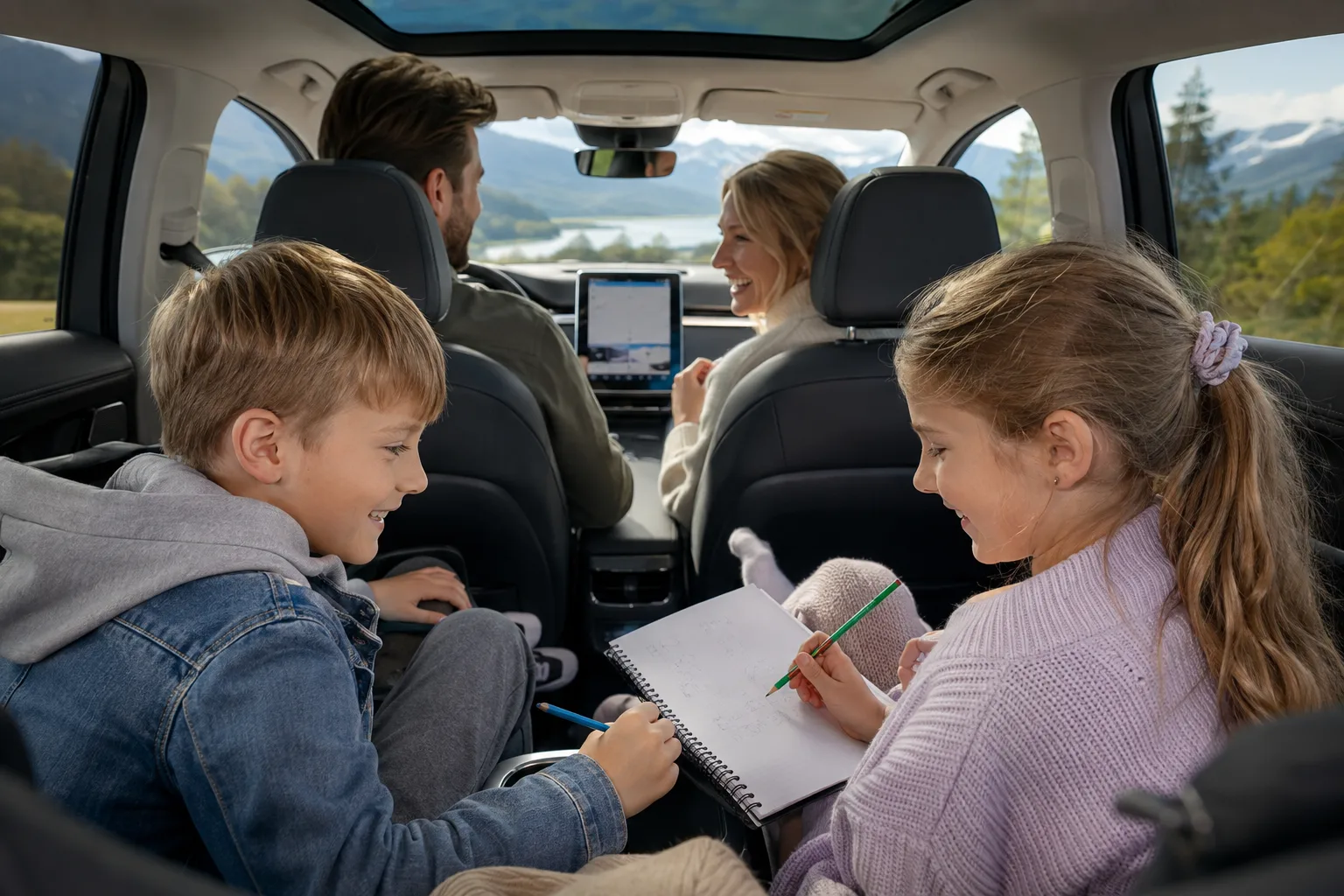 familie som løser gøye regnestykker i bilen på vei til hytta