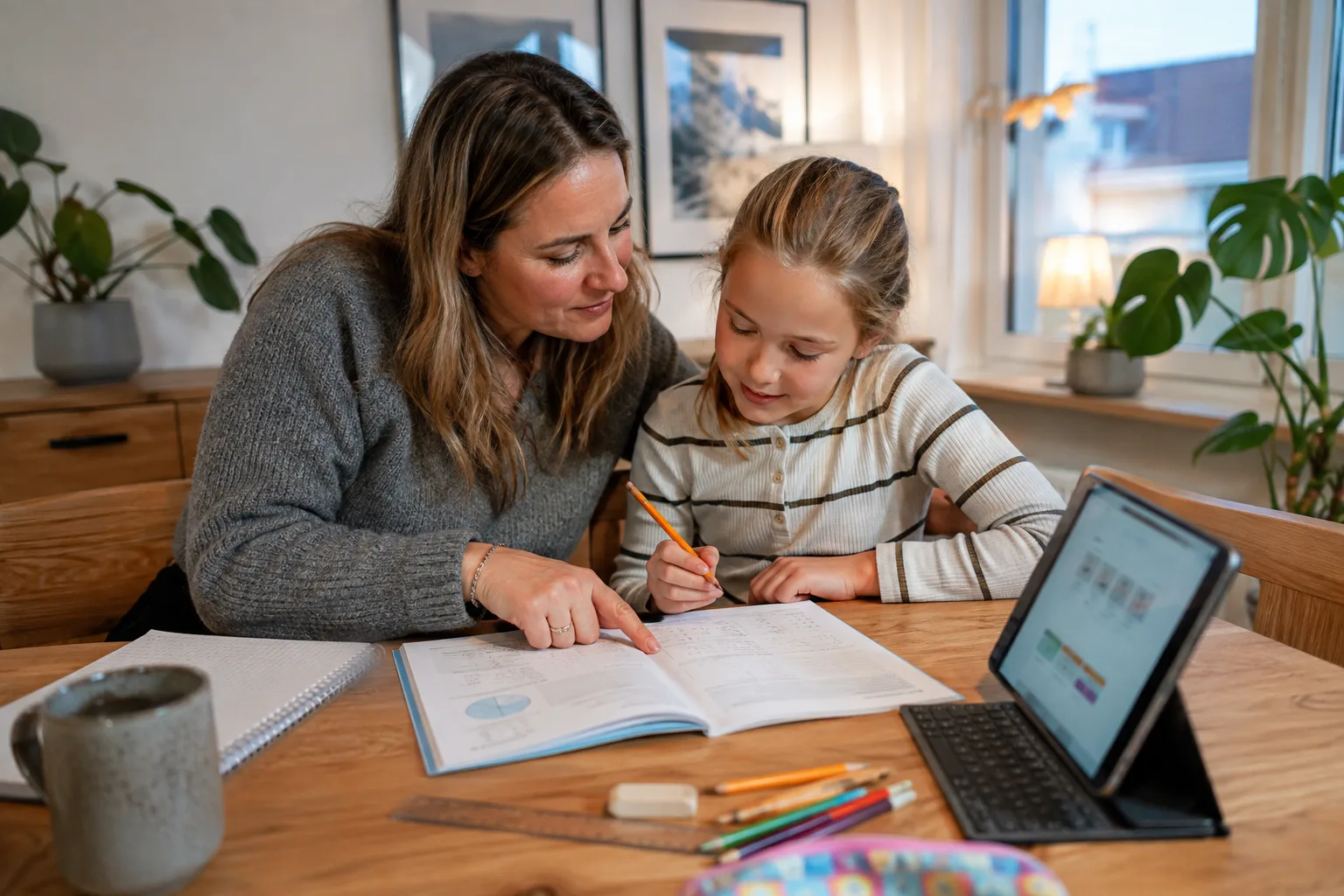 forelder og barn som diskuterer lekser ved spisebordet hjemme i norge