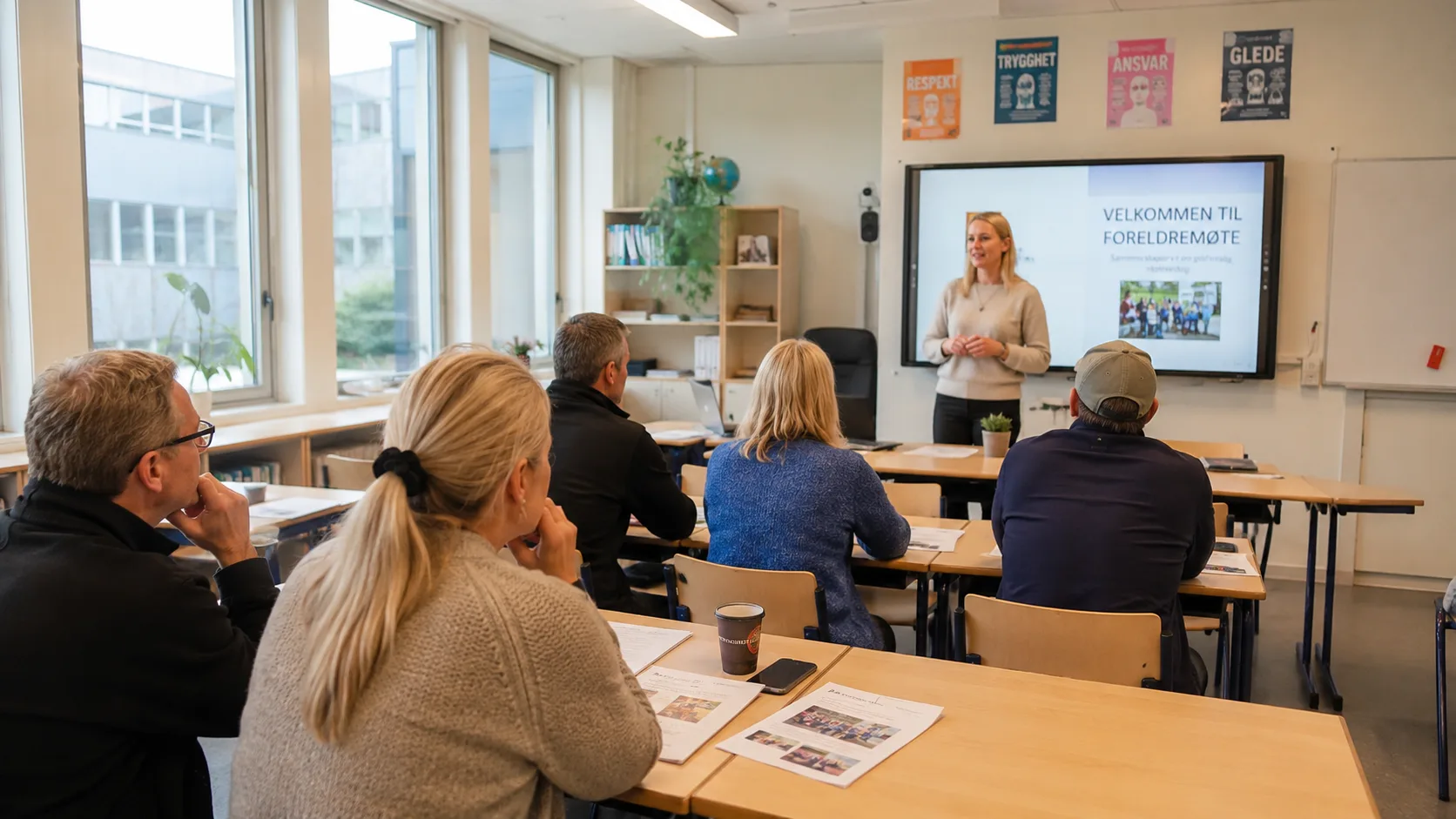 foreldremøte i et lyst klasserom med engasjerte foreldre