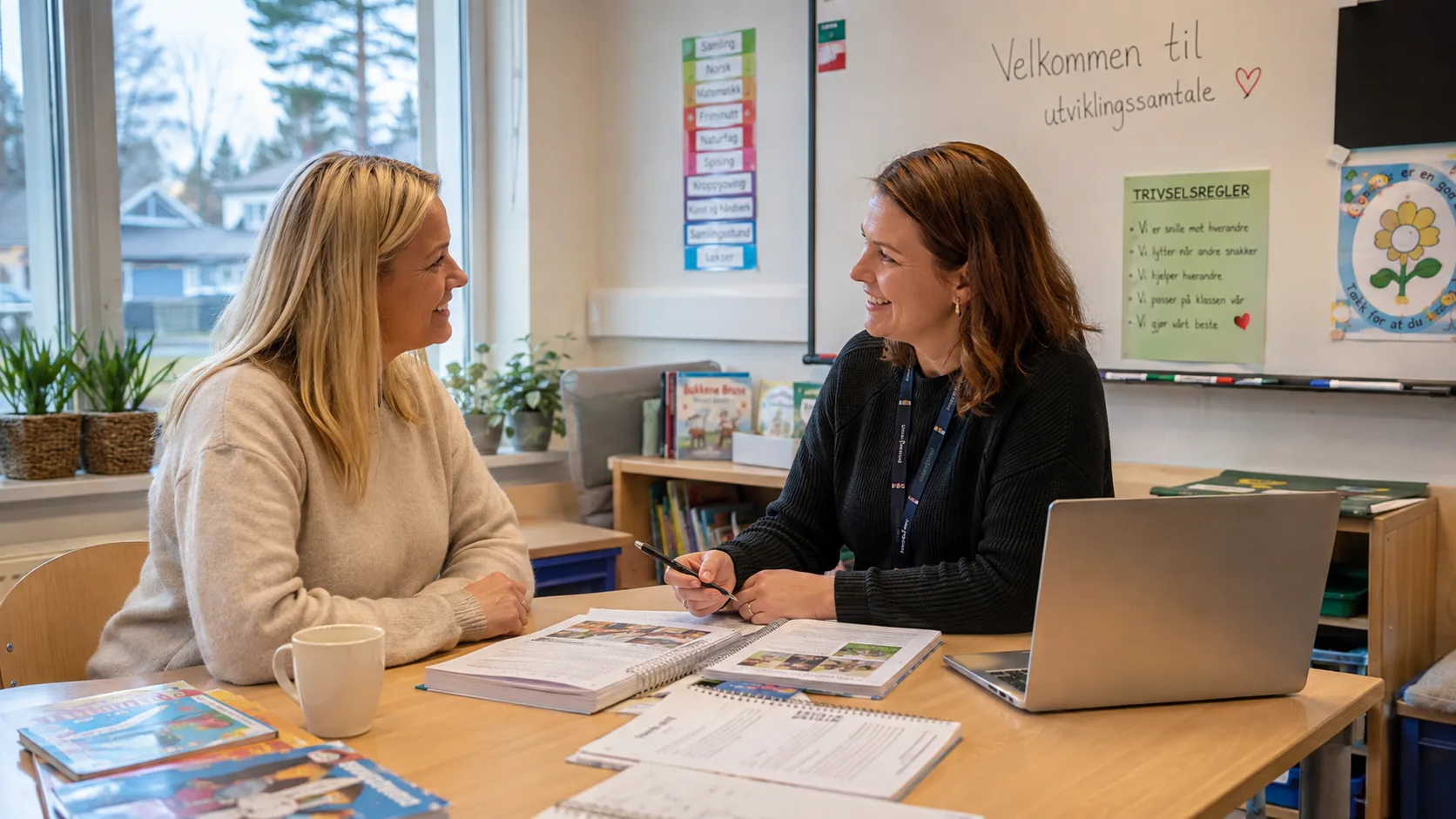 lærer og forelder som snakker sammen under en utviklingssamtale på skolen