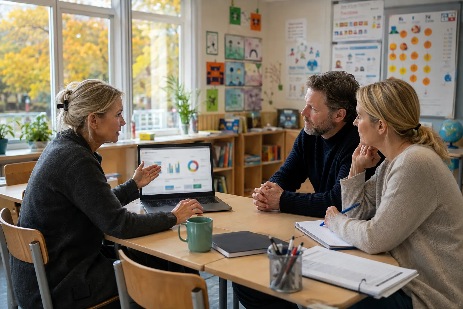 lærer som forklarer testresultater til foreldre under foreldresamtale