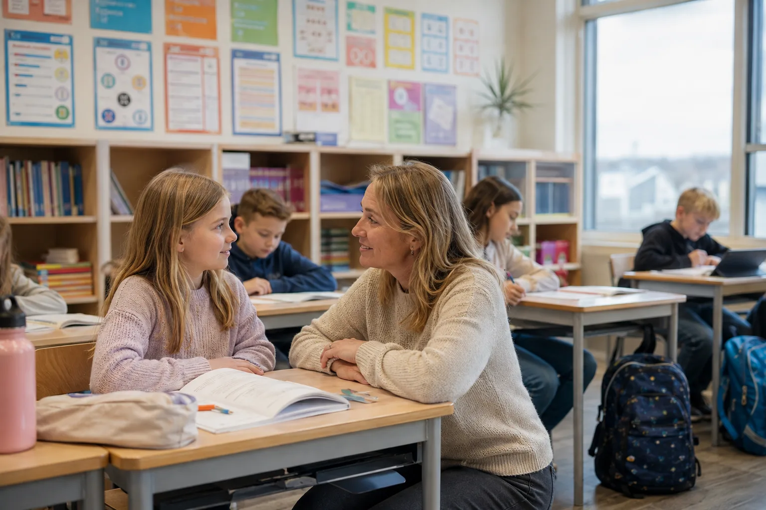 lærer som snakker med en elev i klasserommet i norge