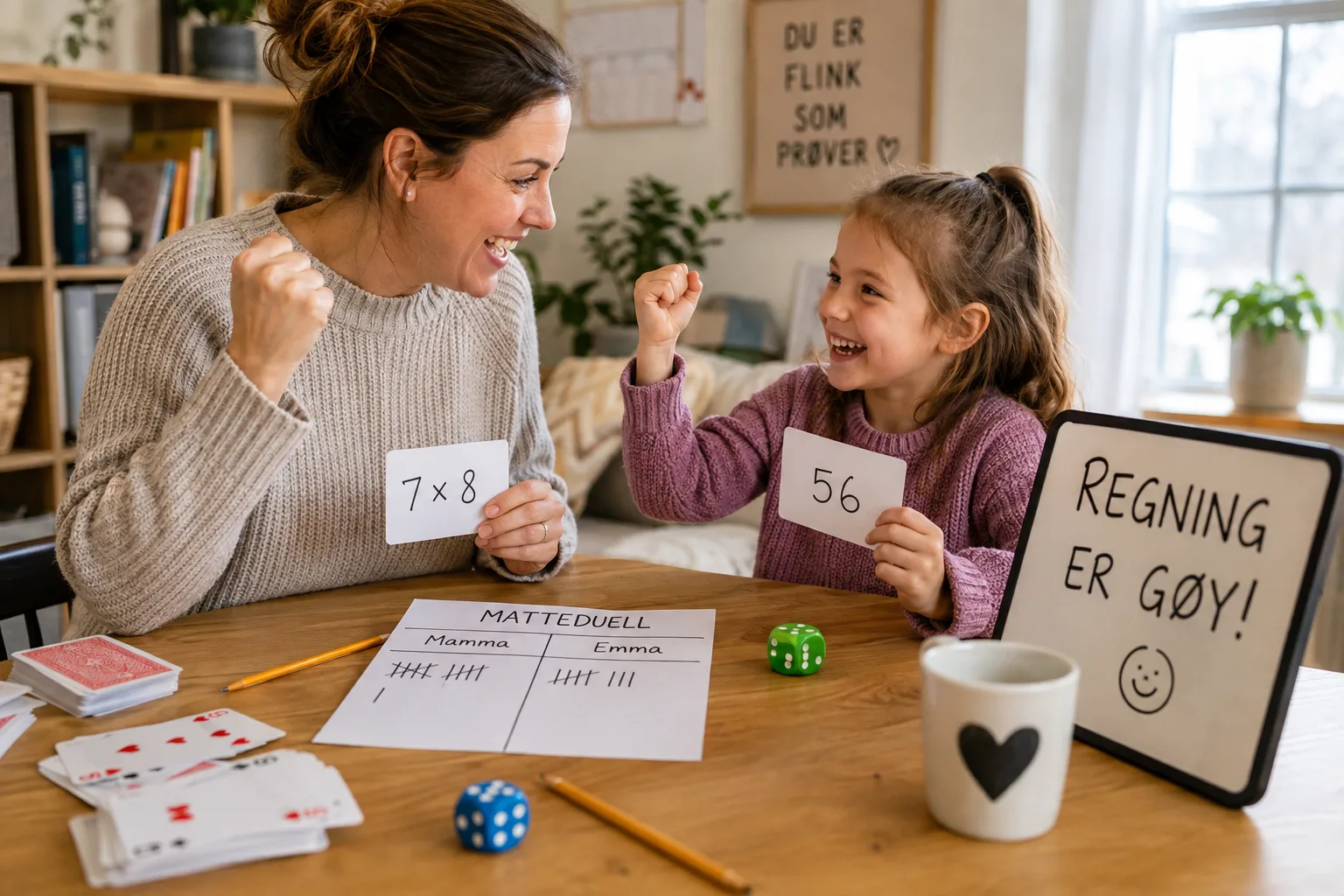 Matteduell hjemme, enkle spill for to, matematiske spill for barn, regnespill hjemme, lære matte gjennom lek