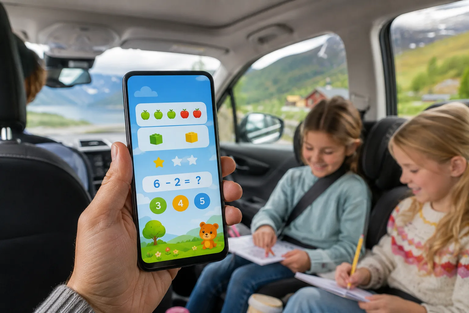 mobiltelefon som viser smarte verktøy for regnestykker i bilen