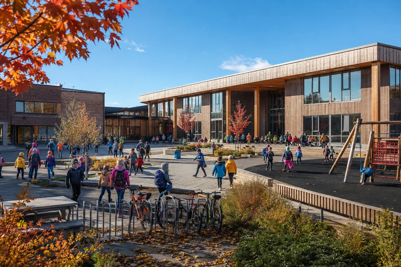 moderne norsk skolebygning med elever i skolegården