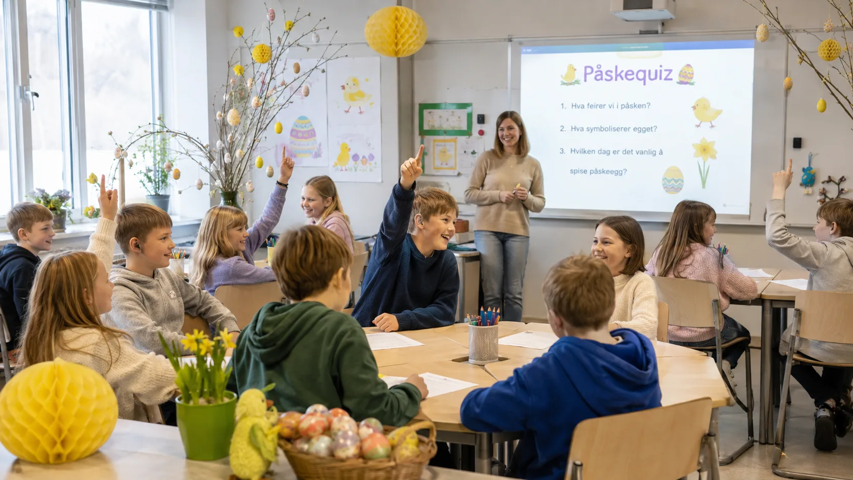 Påskequiz for barneskolen med engasjerte elever i klasserommet
