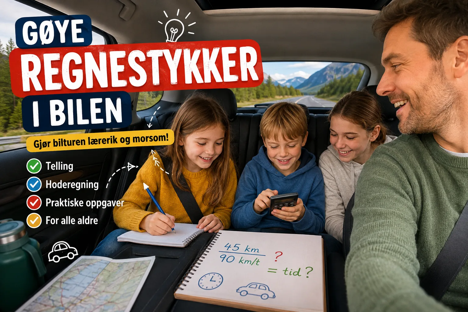 regnestykker i bilen, matte på farten, regneleker for barn, hoderegning i bil, matematikk på biltur