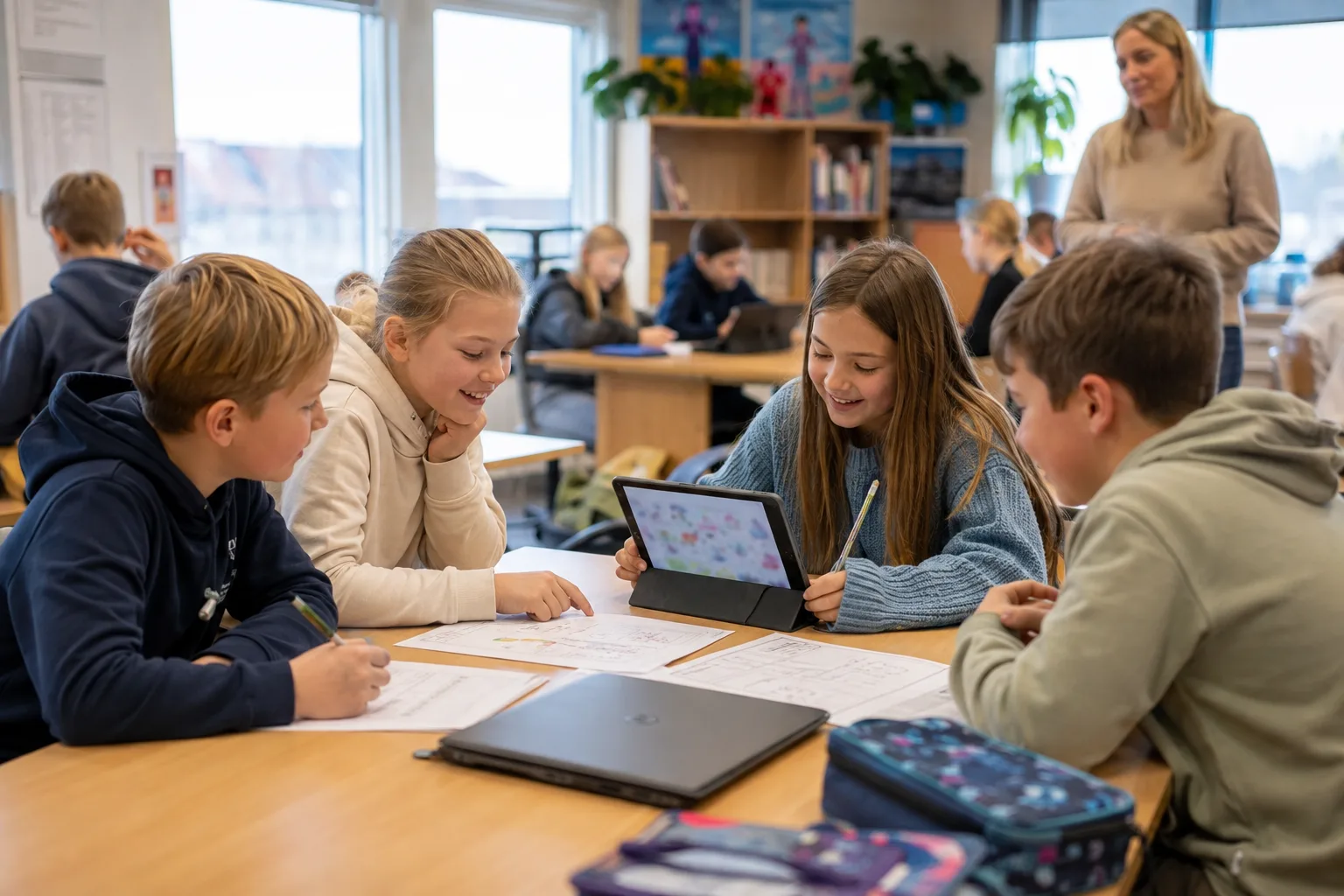 skolebarn som samarbeider om en oppgave på skolen