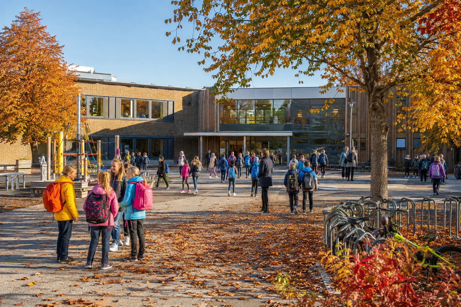 skolebygning i norge med elever i skolegården på en høstdag