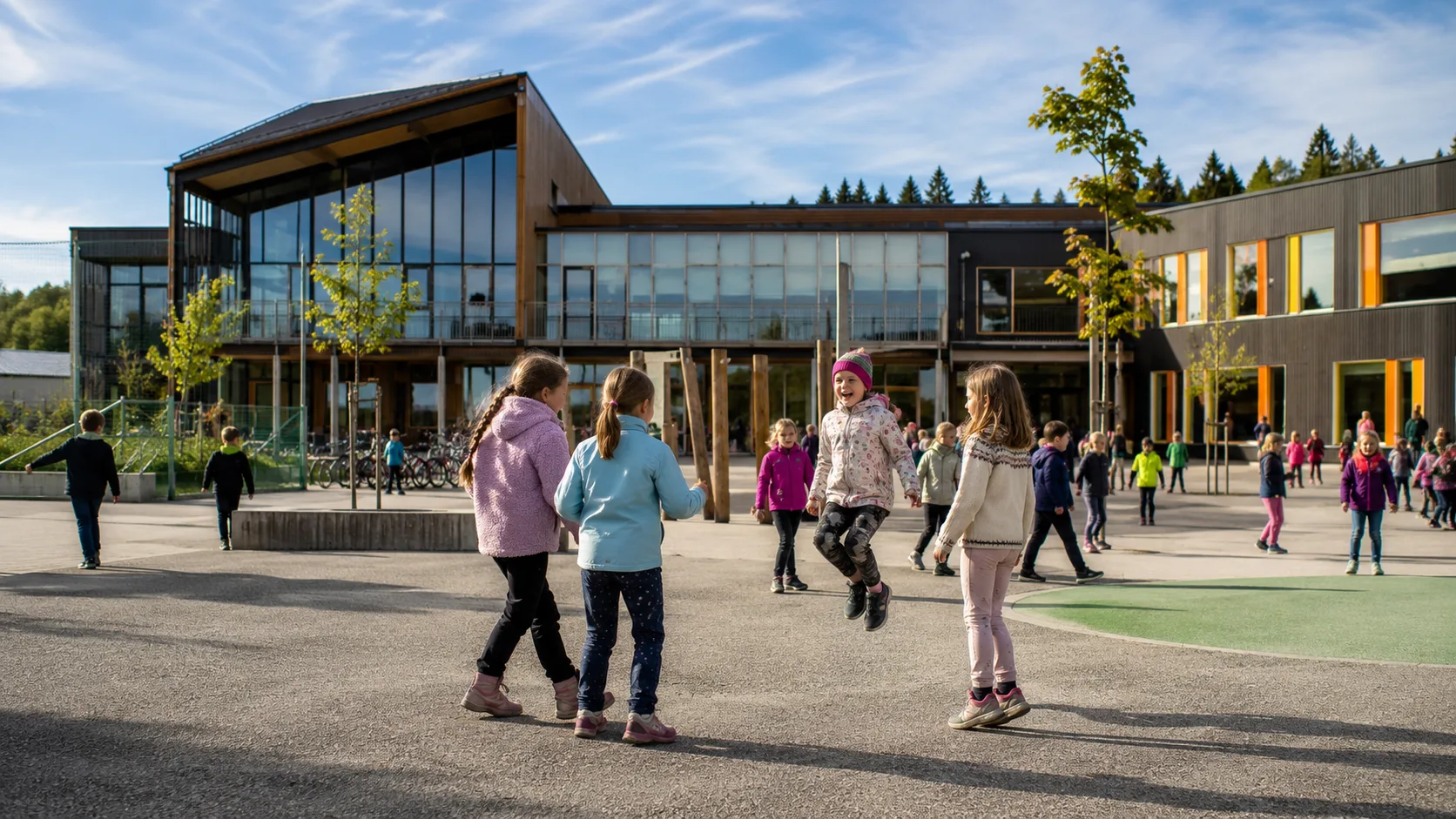 skolegård med glade barn og moderne bygninger i bakgrunnen