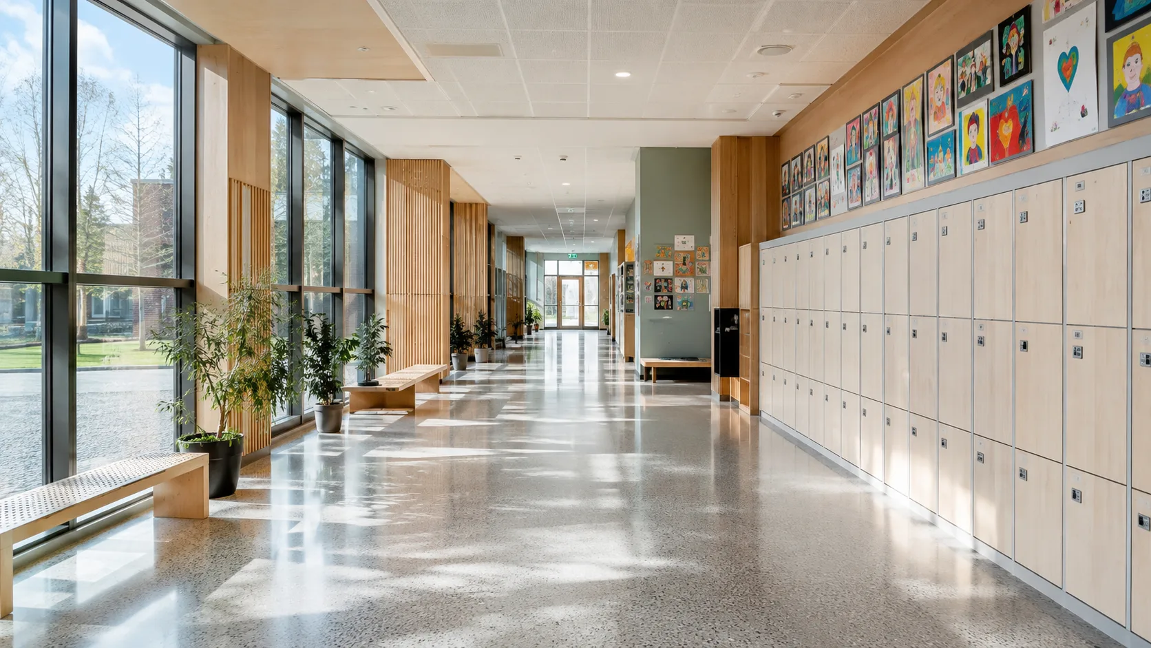 skolekorridor med skap og moderne elementer i en norsk skole