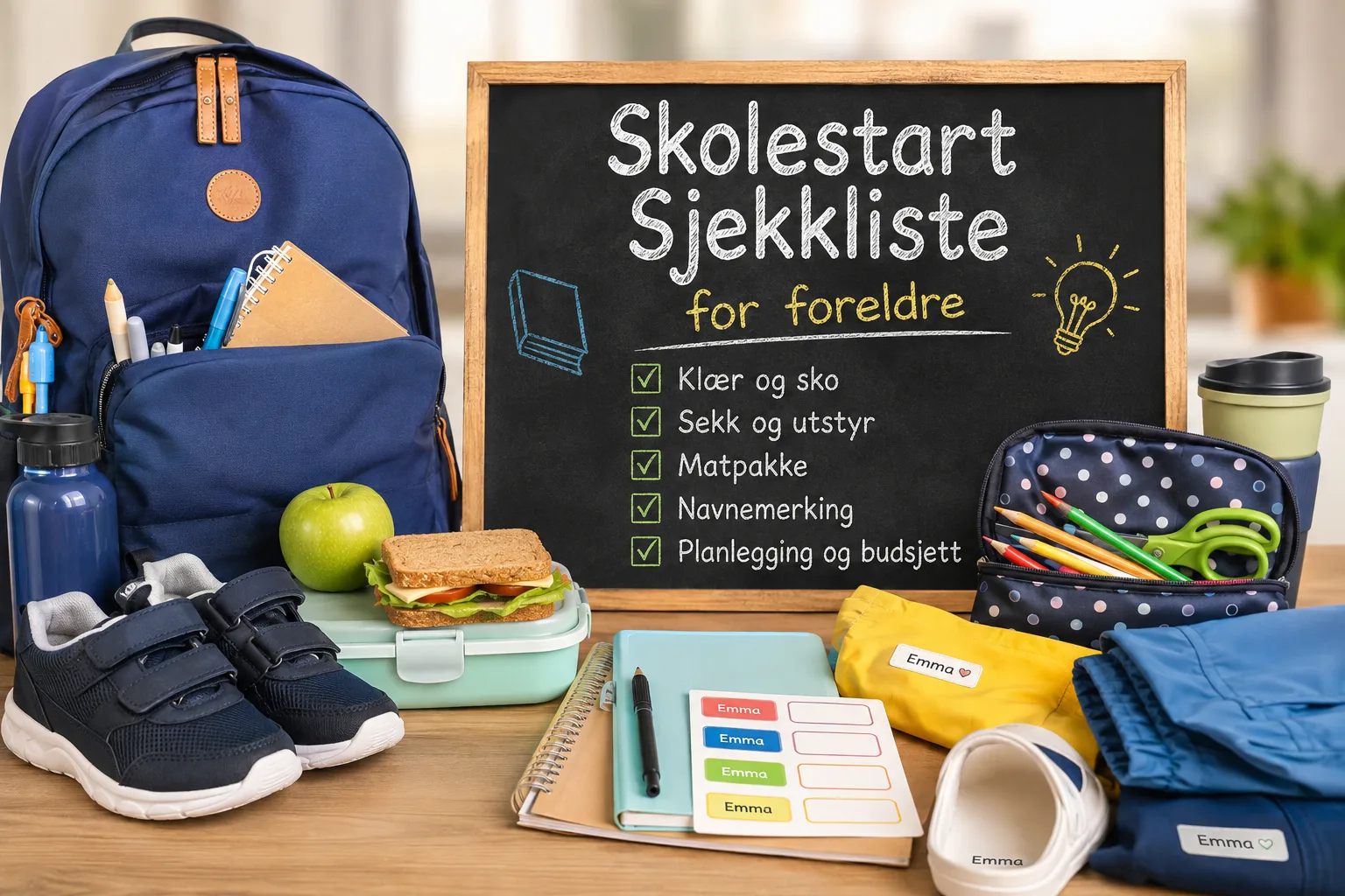 skolestart sjekkliste for foreldre, utstyr til skolestart, første skoledag tips, skoleutstyr barn, forberedelse skolestart