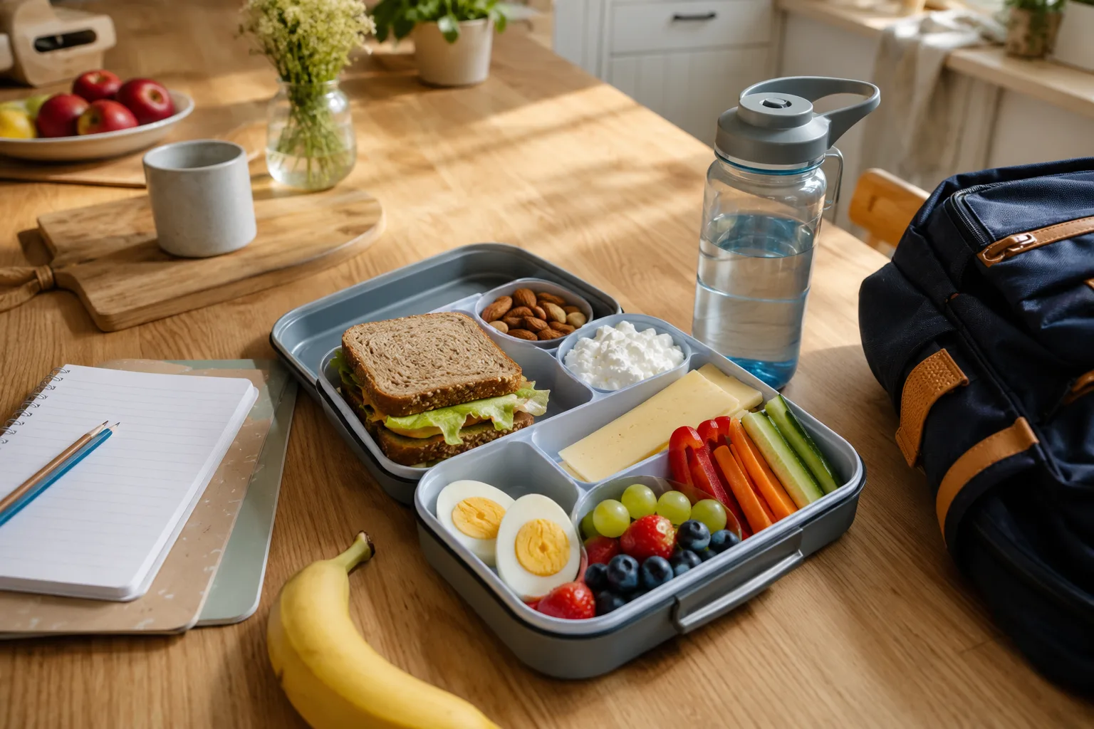 Variert niste med fullkorn, frukt og proteiner for skoleelever