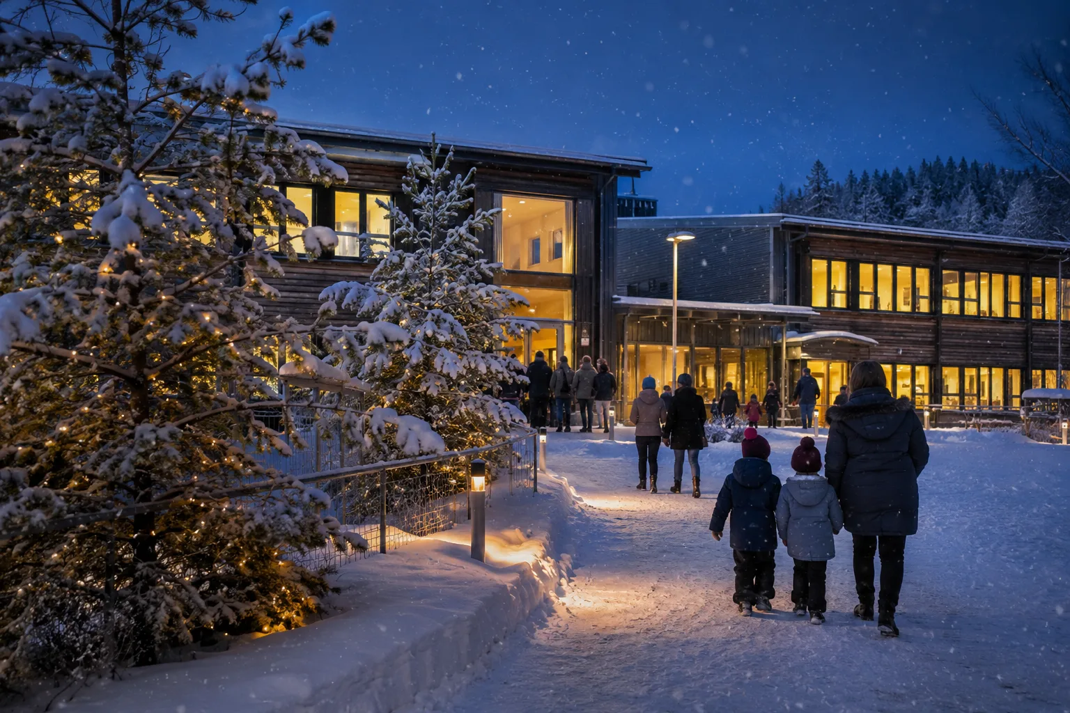 vinterlandskap utenfor skolen med lys i vinduene under juleavslutning